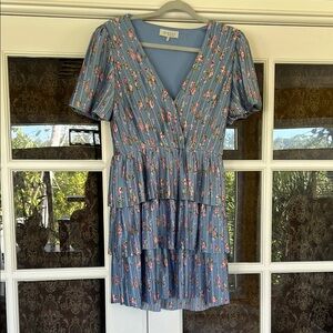 Xhilaration Blue Mini Sundress with Ruffled Tiers and Puff Sleeves